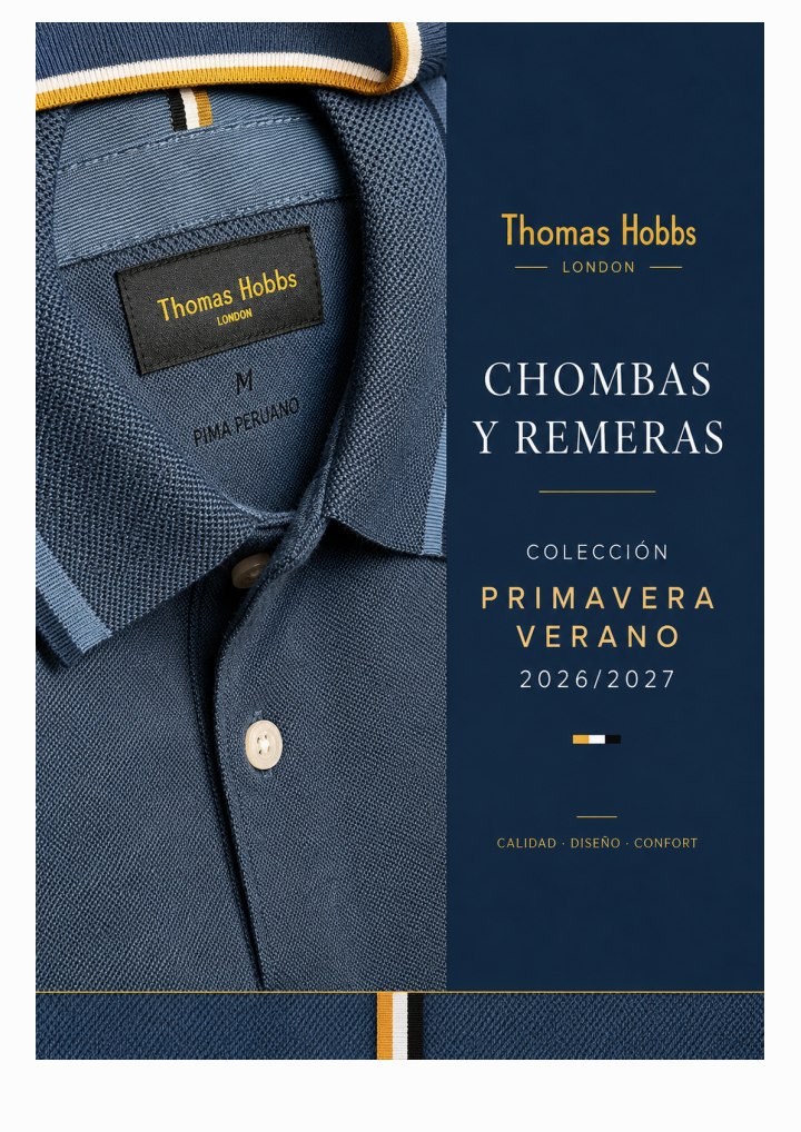 Portada del catálogo Thomas Hobbs, chombas y remeras primavera verano 2026/2027